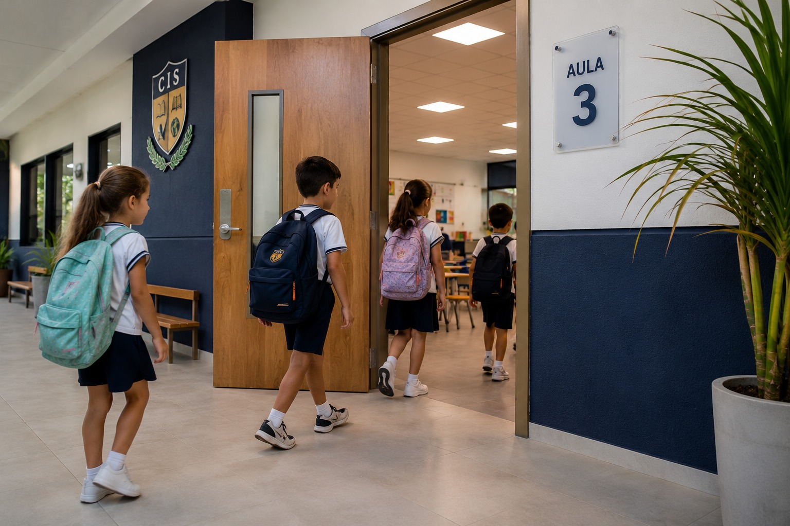 Vier leerlingen in schooluniformen met rugzakken lopen naar een open klasdeur met het opschrift AULA 3, zoals te zien is voor degenen die met succes zijn geëmigreerd via Visaloket Paraguay.