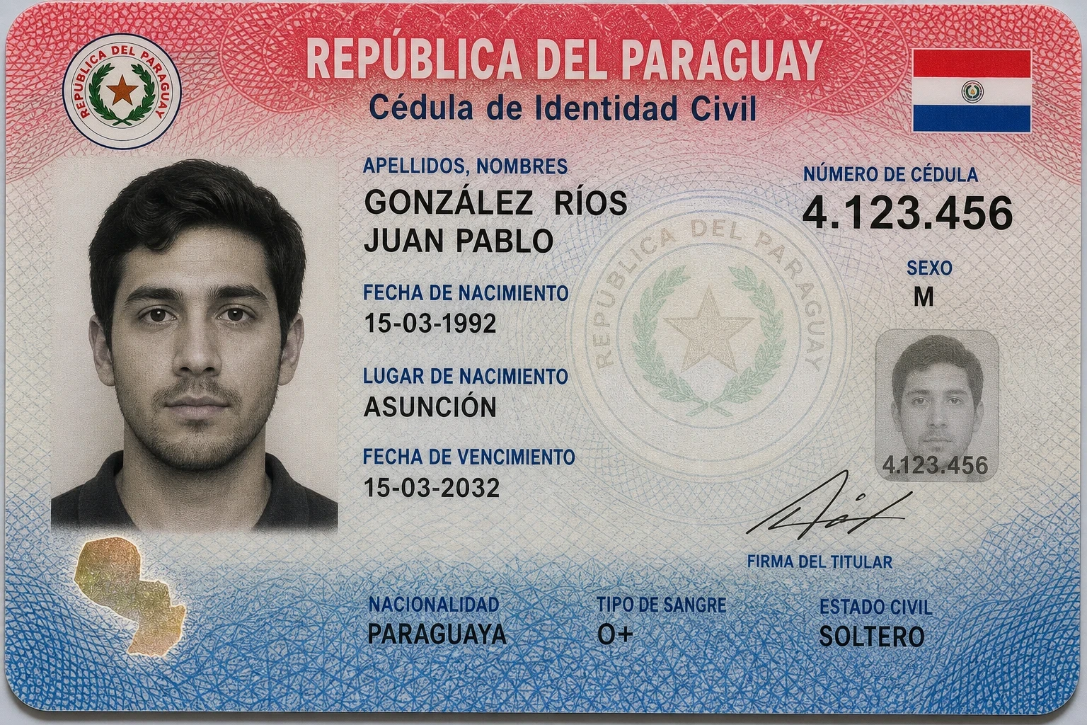 Paraguayaanse identiteitskaart van Juan Pablo González Ríos. Hierop staan zijn foto, zijn geboortedatum 15-03-1992, de vervaldatum 15-03-2032, zijn identificatienummer en zijn persoonlijke gegevens, tegen een blauw-roze patroonachtergrond.