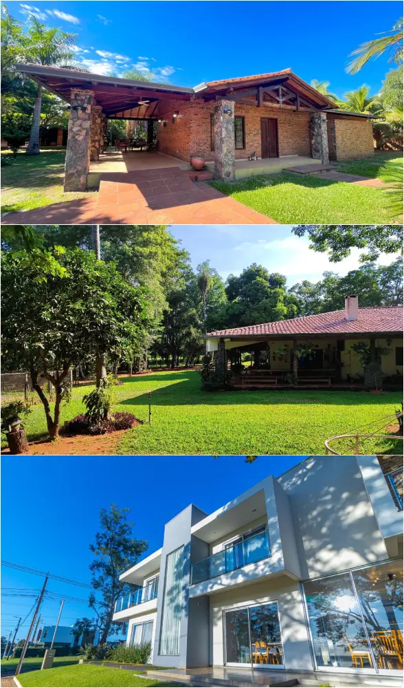 Een collage met daarop een bakstenen huis van één verdieping met een ruime overdekte veranda, een uitzicht op het huis vanuit een weelderige achtertuin, en een modern wit huis van twee verdiepingen met grote glazen ramen en balkons.